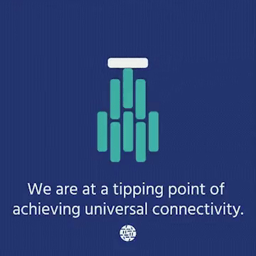 Blue square with an illustration in the middle of some green vertical lines arranged like an arrowhead, with a white horizontal line on top balanced on the peak and tipping to the left and right. At the bottom is the text "We are at a tipping point in achieving universal connectivity."