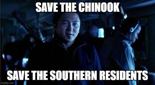 A meme using as background a screen capture from Ep. 5 of the 2006 television series "Heroes", where "future Hiro" tells Peter to "Save the cheerleader; save the world" , with superimposed text at the top saying "Save the Chinook" and on the bottom saying "Save the Southern Residents"