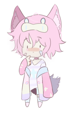 A chibi version of a pink haired catboy with a sleeping mask pulled up to his forehead, wearing a purple shirt and a loose-fitting blue, pink, yellow and purple coat that's falling off him has his left hand up with his finger pointing to his chin, lost in thought.