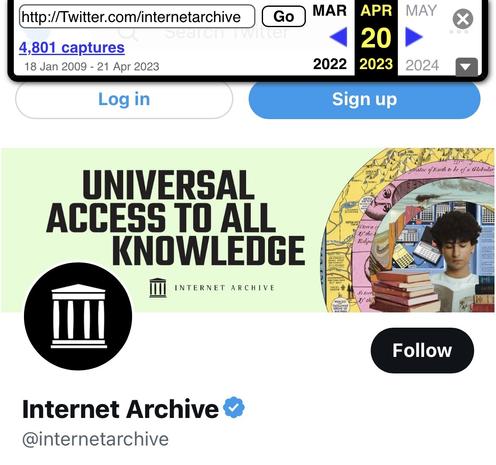 Twitter profile web archive from April 20, 2023, with a blue check mark.