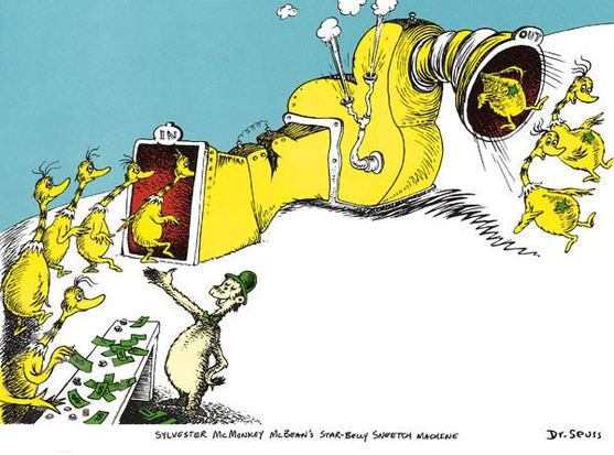 A page from Sneetches book with Sneetches going into "Star on" machine and getting stars on their bellies.