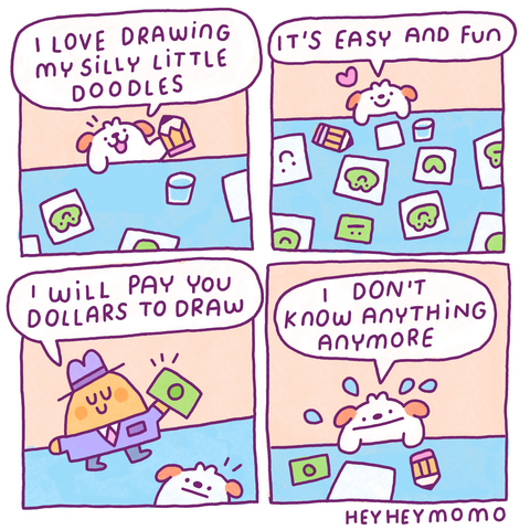 A little momo comic about it somehow being hard to draw once you get paid for it