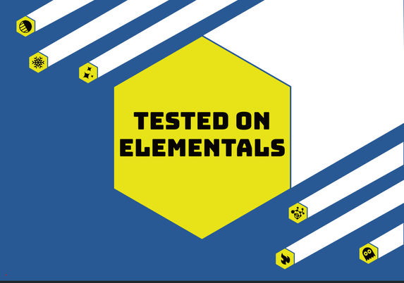 On a blue background sits a set of yellow hexagons that fly from top left to bottom right. The hexagons have elemental symbols in them.