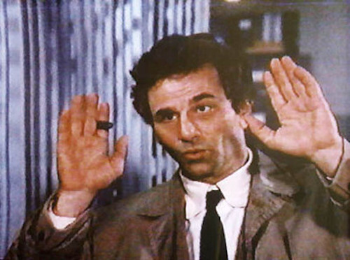 by whatleydude on Flickr: screen capture of Peter Falk as Columbo in his usual rumpled overcoat and holding a half smoked cigar