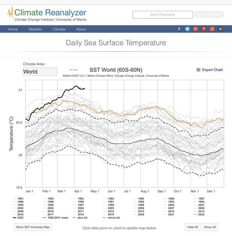 Average global sea surface temperature over the year, 1981-2023. This year's line breaking out at the top.
