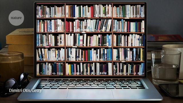 Open laptop with filled book shelf on screen