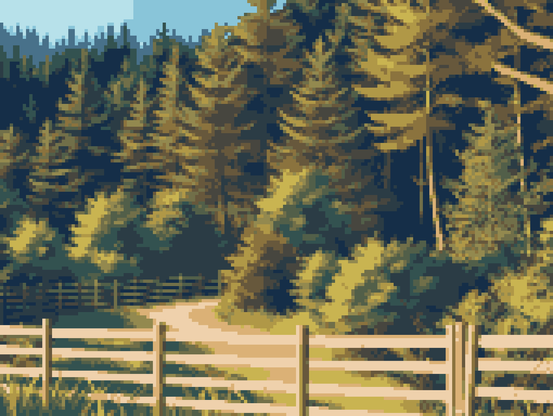 artistic rendition of a forest behind a wooden fence