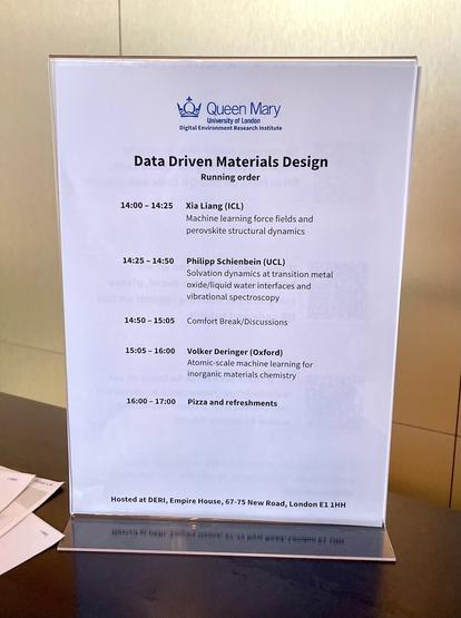 Running order of a workshop on "Data Driven Materials Design"