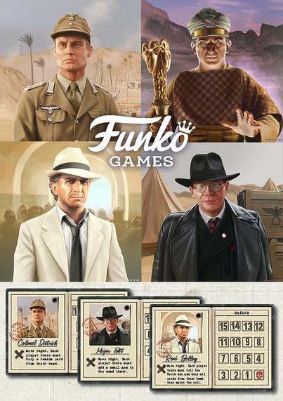 Four illustrations of the villains from Indiana Jones and the Sands of Adventure - Dietrich, ceremonial Belloq, Belloq, Toht.