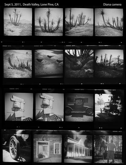 An image showing photographs by Seán Duggan presented as a black & white contact sheet of 16 negatives created by a Diana camera from a single roll of medium format film. The subject matter is Death Valley and Lone Pine, California.