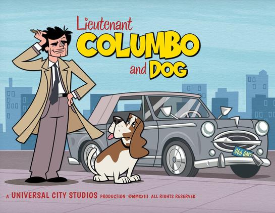 Hanna-Barbera cartoon style of Columbo scratching his head next to his dog and in front of his delapidated Peugeot car. A city skyline semi silhouetted behind them. Title in yellow "Lt Columbo and dog"