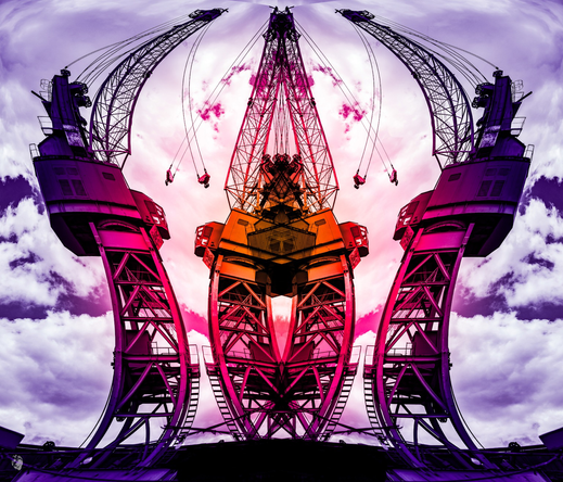 photo of a port crane in hamburg, by superimposing several versions of the originally same photo and symmetrically distorting and alienating the colors into orange and red tones, the impression is created that two sleek cranes are moving around a large central crane.  like in a relationship with three people, in which two people are courting a third person, the colors are warmest in the center of the picture, becoming darker and colder towards the sides. In ghe background there is a light sky with some small clouds
