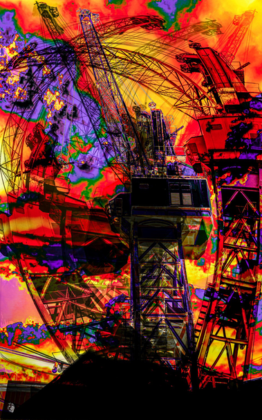 photograph of harbor crowns in hamburg.  the coloring is alienated: red, violet, orange.  the image is composed (faded into one another) of several individual images that show distorted cranes.  overall it looks as if the cranes are dancing in a dystopian landscape, the structures are black and rich in contrast.