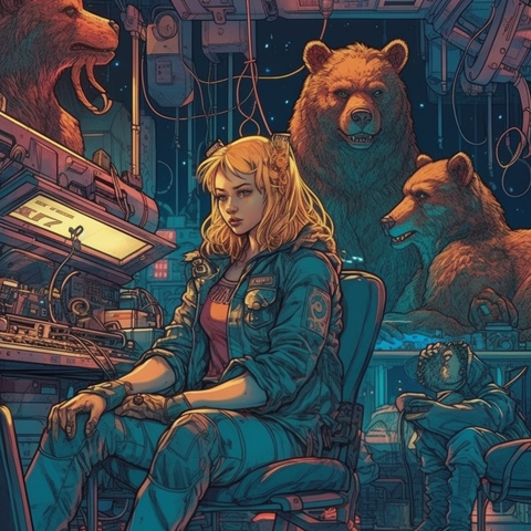 A cyberpunk Goldilocks surrounded by the three bears. #midjourney