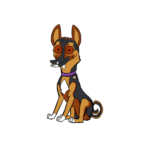 A wacky, stylistically flatish redering of a little black and tan dog with large pointed  ears and a curly little tail. He sits with a big grin on his underbite, and big bluging eyes.