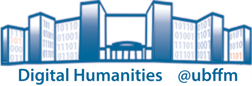 Piktogramm zeigt das IG Farbenhaus, darunter steht Digital Humanities @ubffm