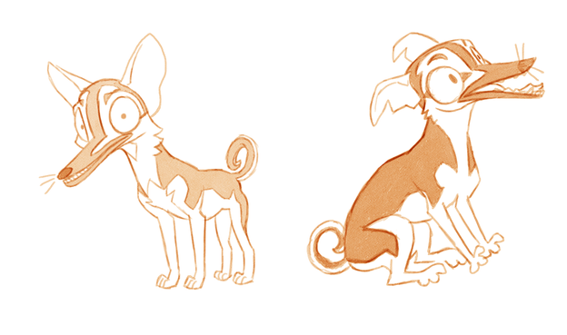 Two very wacky looking black and tan dogs, one with huge ears, eyes and tiny pupils, standing with head slightly bowed. It has a very slender pointed nose. The other, sitting, with ears relaxed back, as the dog sits uncomfortably with toes flared, and his pointed snout with massive underbite ajar. The dog, were it making a sound, would probably be going "eeeeeeeee".