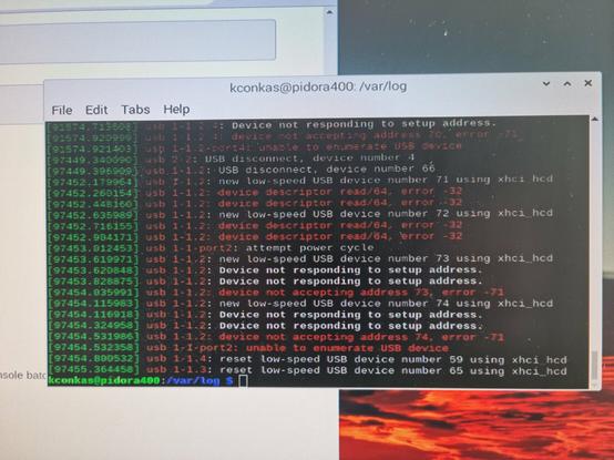 Linux console messages showing USB errors.