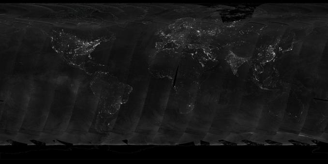 Visualización de luces nocturnas desde órbita baja, en proyección equirectangular.