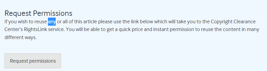An alert box asking users to "request permissions...to reuse any or all of this article...."