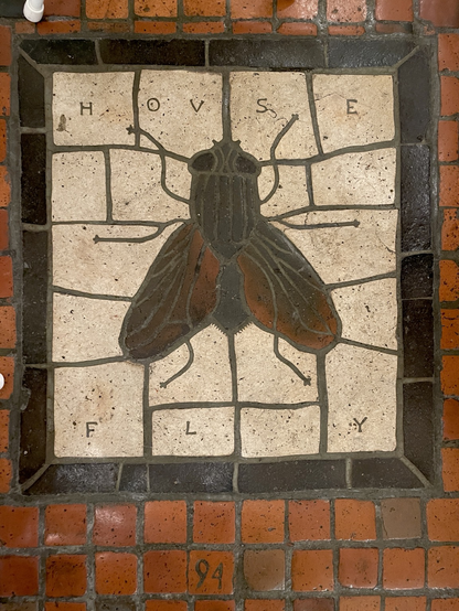 tile mosaic of a house fly, top down view, black/brown on white background with black frame on red tile floor, labeled “HOUSE FLY” and numbered “94”