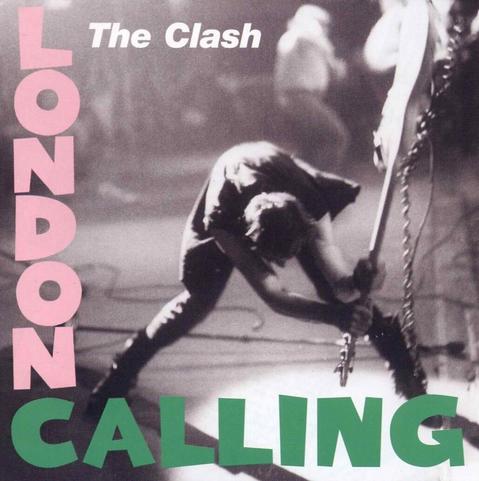 The cover to London Calling, the classic 1979 album by punk band The Clash, with the band's name in white, the word London in pink, and Calling in green. The scene is a black and white photograph of bassist Paul Simonon mid-swing getting ready to smash his bass on the ground.