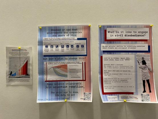 Three posters on a board. One showing a graph of CO2 emissions increasing over time, coloured by temperature going from blue to red as the CO2 increases. On the timeline are various climate meetings. The graph illustrates that these meetings have failed to stop emissions rising. The next is about governments and companies being aware of the awful impacts of increasing temperatures but not planning to change the emissions trajectory. The third poster is advertising a session on civil disobedience.
