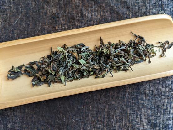 Dry tea leaves on a tea scoop.