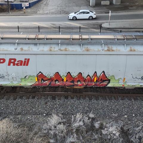 Train car with graffiti rolling through Kamloops BC Canada