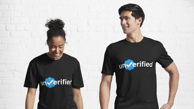 A woman and a man, each in a black T-shirt with the word "unverified" printed on it in which the "v" is a blue Twitter verification check mark.