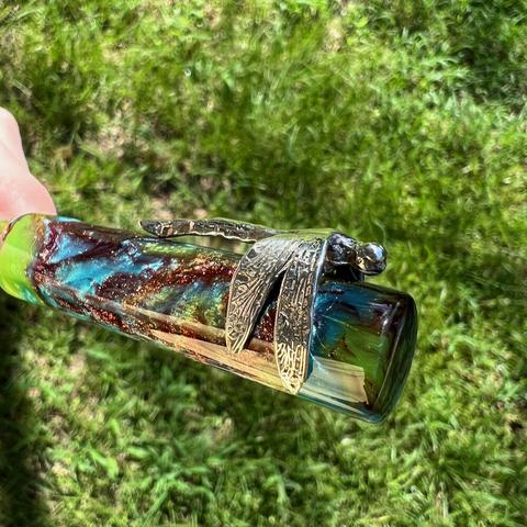 Closeup of the wraparound Silver Dragonfly clip on the Kelmscott Dragonfly pen.