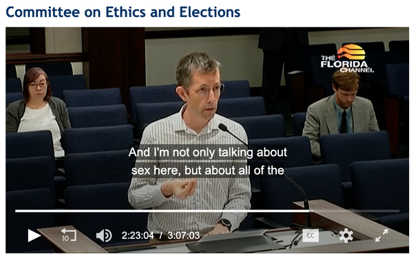 screen grab of miscaptioned testimony before Florida Senate Ethics and Education Committee