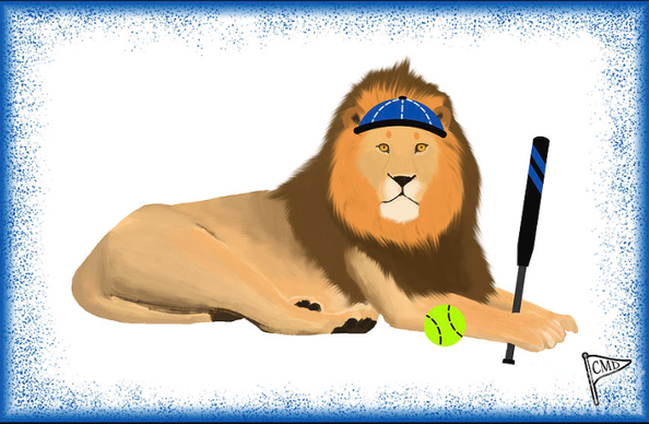 Our lion mascot is playing softball, with a blue cap on and a blue backgrounf.