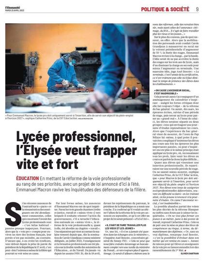 Article de L'Humanite sur la réforme en cours des lycées pro, qui vont servir de plus en plus à l'insertion dans le monde du travail, via l'augmentation du temps d'apprentissage et la baisse du nombre d'heure d'enseignement de culture commune.