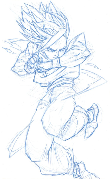 Pencil sketch of Son Gohan from Dragon Ball, hes in his SSJ 2 form and spinning in place, wearing his Piccolo outfit