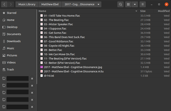 A Nautilus file manager window shows a folder containing files for Matthew Ebel's 2017 "Cognitive Dissonance" album.  Some mounted network/server locations are blacked out for the sake of privacy.