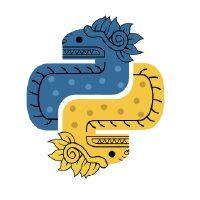 Image of the PyLatam logo, which is a modification of the Python logo (a blue and yellow snake sitting next to each other) where the snakes are Quetzalcoatls.