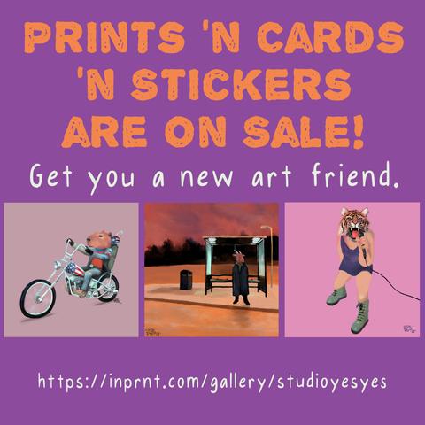 Promotional graphic for a sale on prints, cards and stickers