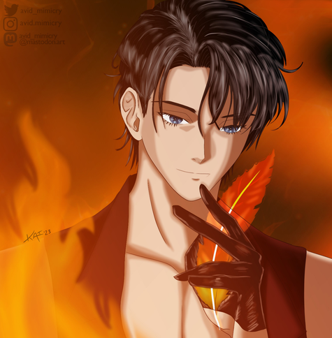 Close-up portrait of a black-haired, blue-eyed male, wearing a deep-red sleeveless top. Left hand is wearing a black glove and holding up a fiery phoenix feather in front of him. He is slightly smirking and looking off into the distance. Blurred, fiery background with some flame in the foreground.