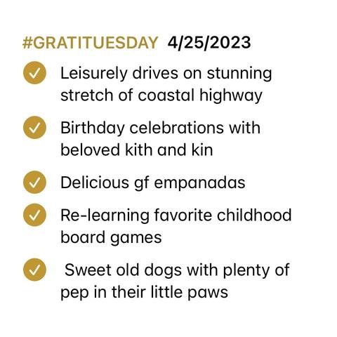 Screenshot of Notes app checklist with all items marked as complete. List reads:  

#GRATITUESDAY  4/25/2023
- [x] Leisurely drives on stunning stretch of coastal highway 
- [x] Birthday celebrations with beloved kith and kin
- [x] Delicious gf empanadas 
- [x] Re-learning favorite childhood board games
- [x]  Sweet old dogs with plenty of pep in their little paws