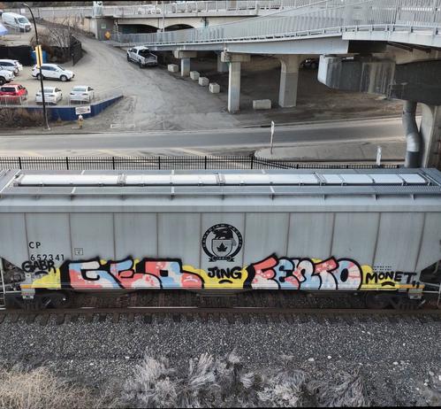 Train car with graffiti rolling through Kamloops BC Canada