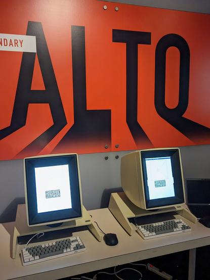 A demonstration room set up with 70s personal computer replicas.