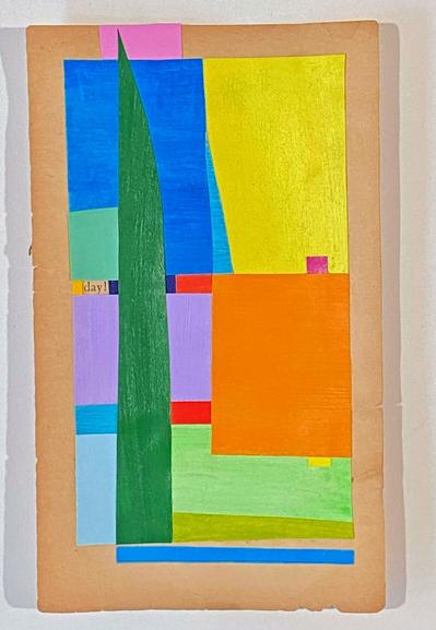 Colorful cut and pasted paper on used paperback page. A colorscape.