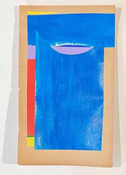 Colorful cut and pasted paper on used paperback page. A colorscape.