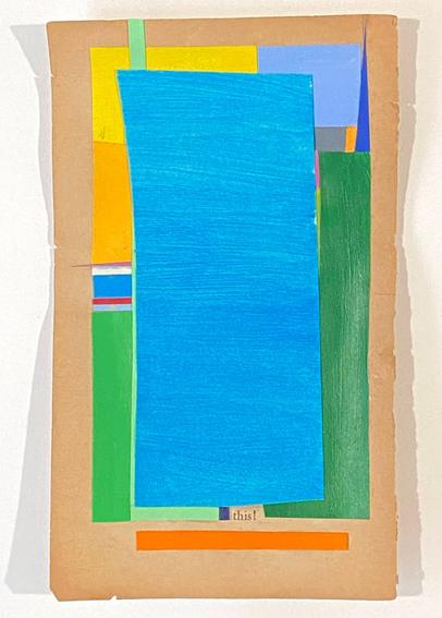Colorful cut and pasted paper on used paperback page. A colorscape.