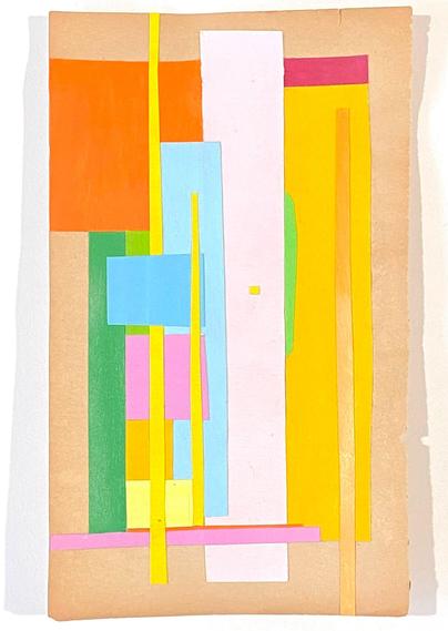 Colorful cut and pasted paper on used paperback page. A colorscape.