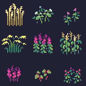 pixel art of various crops, including wheat, alfalfa, red spinach, corn