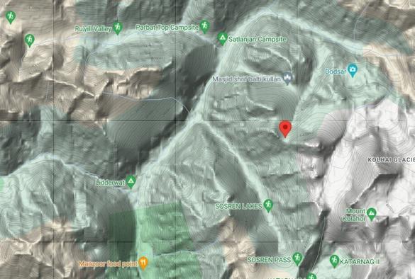 Google Maps screenshot of the Kolahoi mountain area, where Oleg Polunin collected plants in August 1956. The red mark indicates the most likely place for a "pass on 14200 feet" altitude, where he collected quite a lot of specimens.