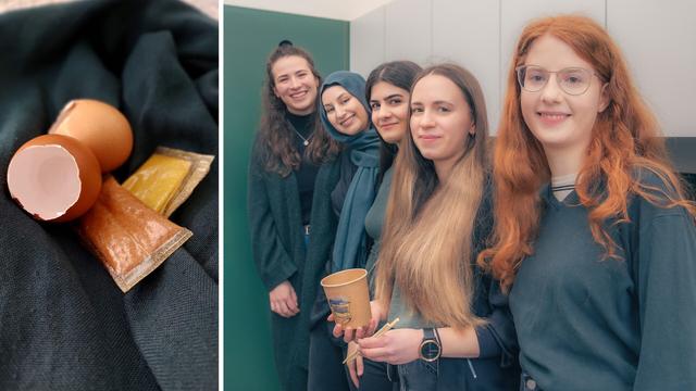 Lecker-hippe Asia-Nudeln sollten mit Proteinen statt mit Plastik-Müll bereichern – mit dieser Überzeugung entwickelten 5 Studentinnen der Uni Hohenheim eine essbare Lebensmittelfolie aus recycelten Eierschalen, die sich in heißem Wasser einfach auflöst. V.l.n.r.: Cora Schmetzer, Lina Obeidat, Bahar Abrishamchi, Paulina Welzenbach und Alena Fries | Bildquelle: Universität Hohenheim/Oliver Reuther
