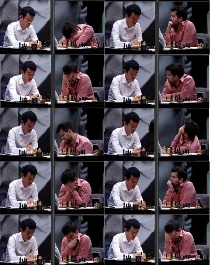 A series of 12 photos showing Ding Liren and Ian Nepomniachtchi playing chess. Ding is impassive in each photo, but Nepo is clearly struggling.
